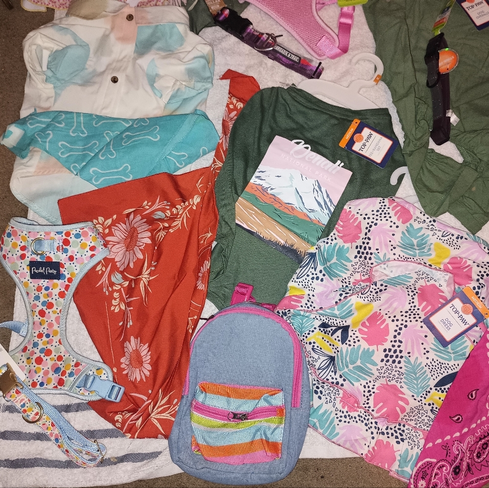 18 pc girl dog outfit summer bundle, dresses,collars, harnesses, bandanas, purse